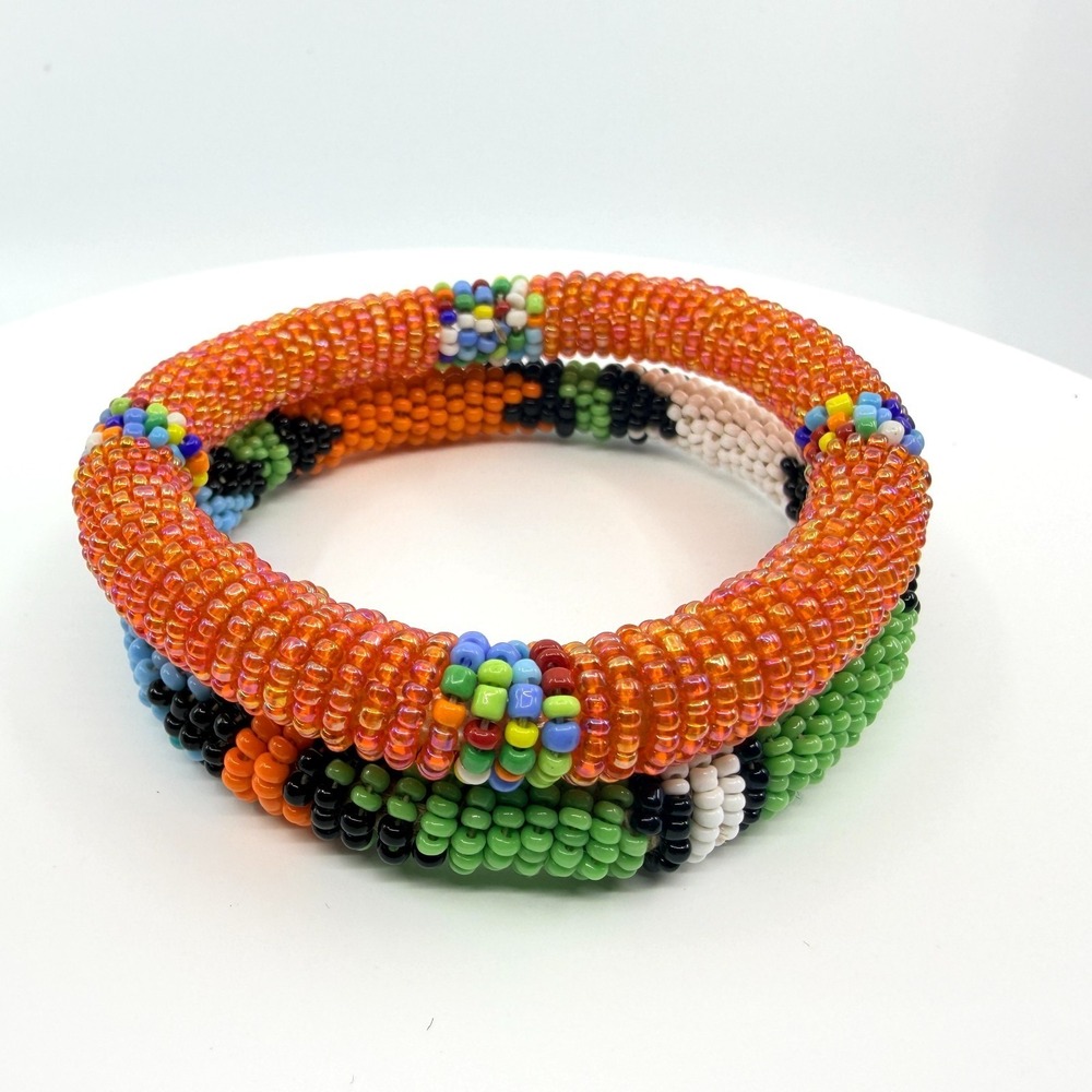 Vintage South African Zulu Beaded Rope Bangle Set‎ 2 Orange Green Boho Statement